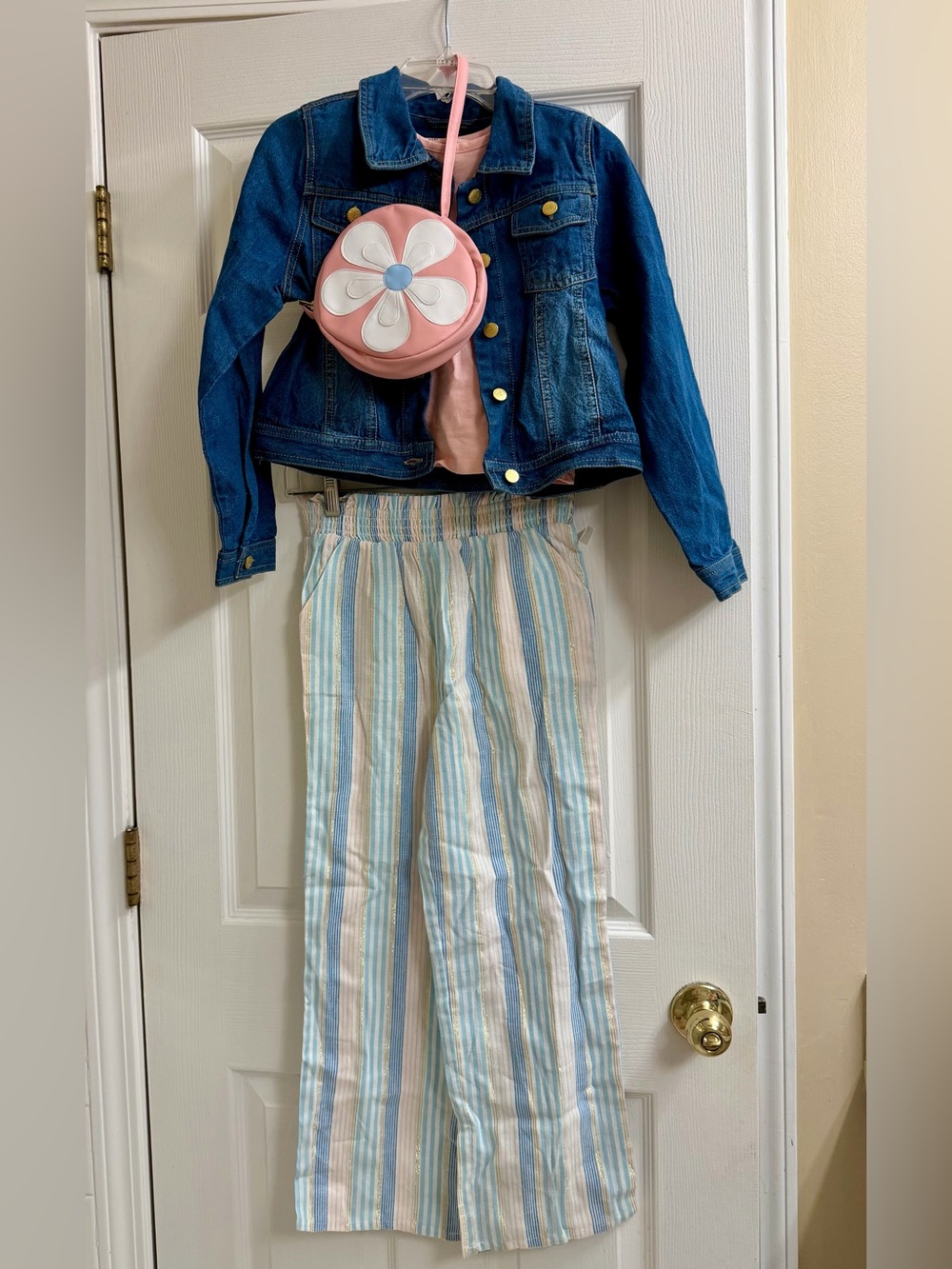 Kids Wide-Leg Linen Pants Set in Light Blue & Cream with Denim Jacket & Purse
